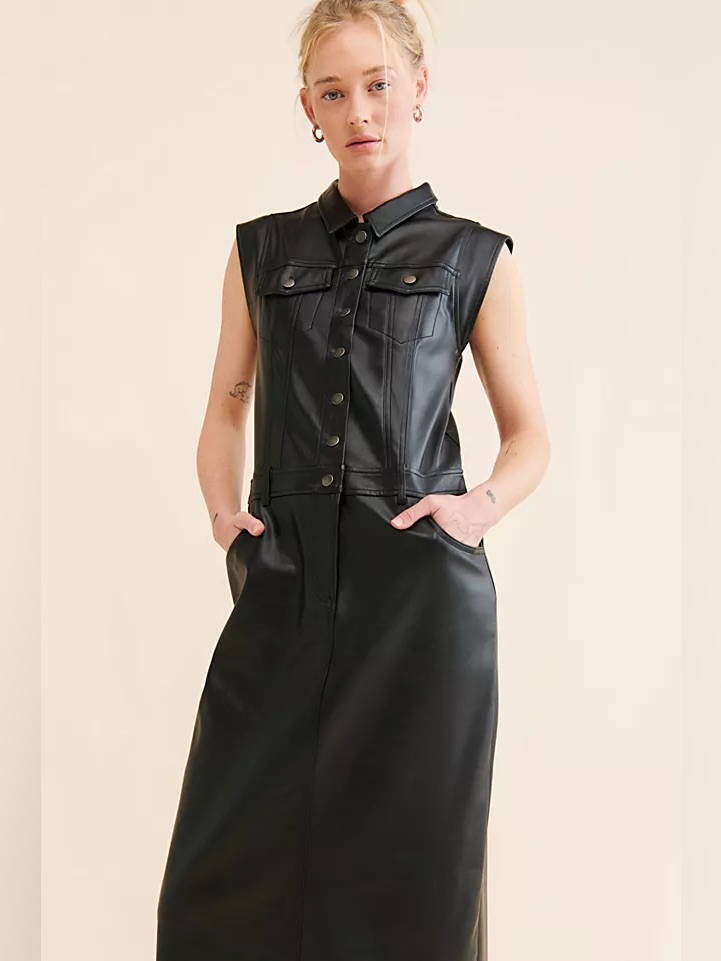 Free People Sleeveless Black Danni Vegan Leather Button Front Midi Dress Large